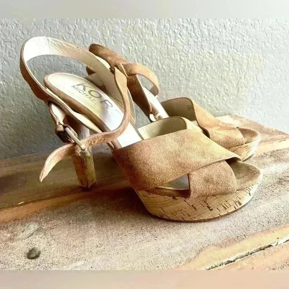 Michael Kors Women's "Adair" Suede Open‎ Toe Cork Platform Sandal Heels - 6M - Picture 3 of 9